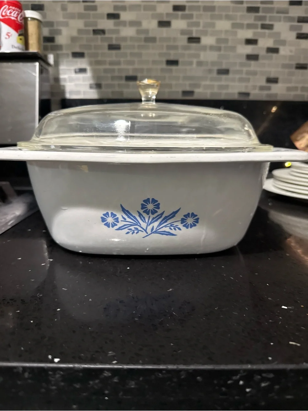 Corningware White Casserole with Blue Floral Motif and Glass Lid